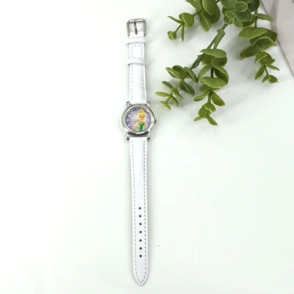 Disney Tinkerbell Fairy Watch Silver Purple New White Leather Band-Runs!!